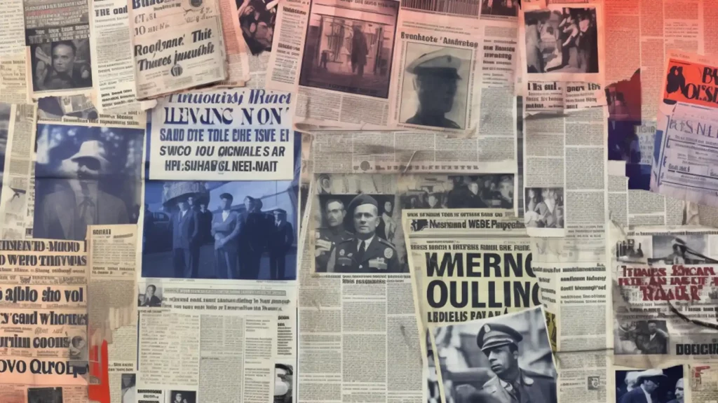 Collage of newspaper clippings and social media posts showcasing real-life crime cases influenced by social media and media.