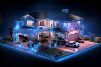 3D rendered blueprint-style home with advanced security measures including robust locks, surveillance cameras, motion-activated lights, alarm systems, security films or bars on doors and windows, and a network of blue lasers for added protection.