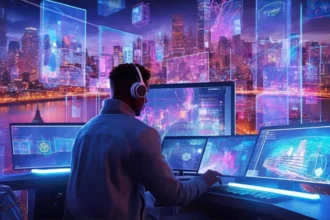 Skilled cyber defender analyzing data streams and thwarting cyber threats in a futuristic cityscape.