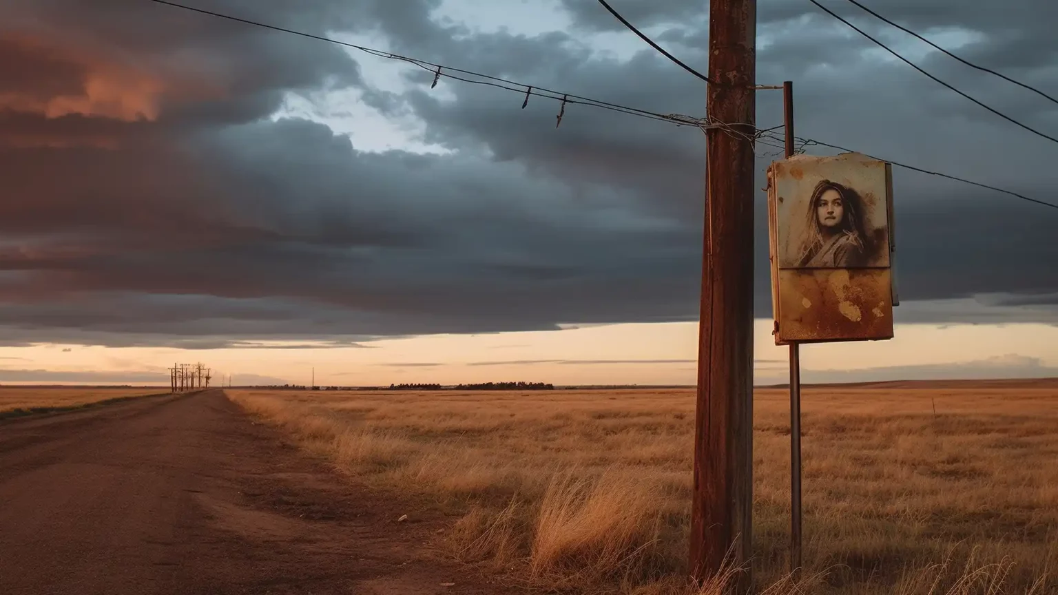 A weathered missing persons poster attached to a telephone pole in a desolate landscape at dusk, symbolizing the loneliness and despair of unsolved disappearances.