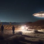 A dramatic film noir-style image of a UFO in a desert landscape at night, surrounded by military personnel investigating the scene.
