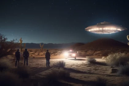 A dramatic film noir-style image of a UFO in a desert landscape at night, surrounded by military personnel investigating the scene.