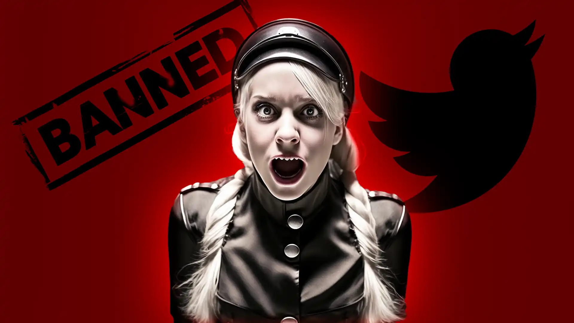 Blond woman in Nazi uniform representing Marina Seren's controversial online persona.