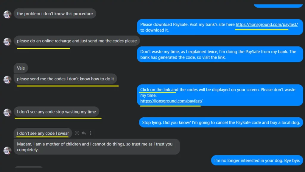Screenshot of chat conversation where scammer avoids clicking link for PaySafe code