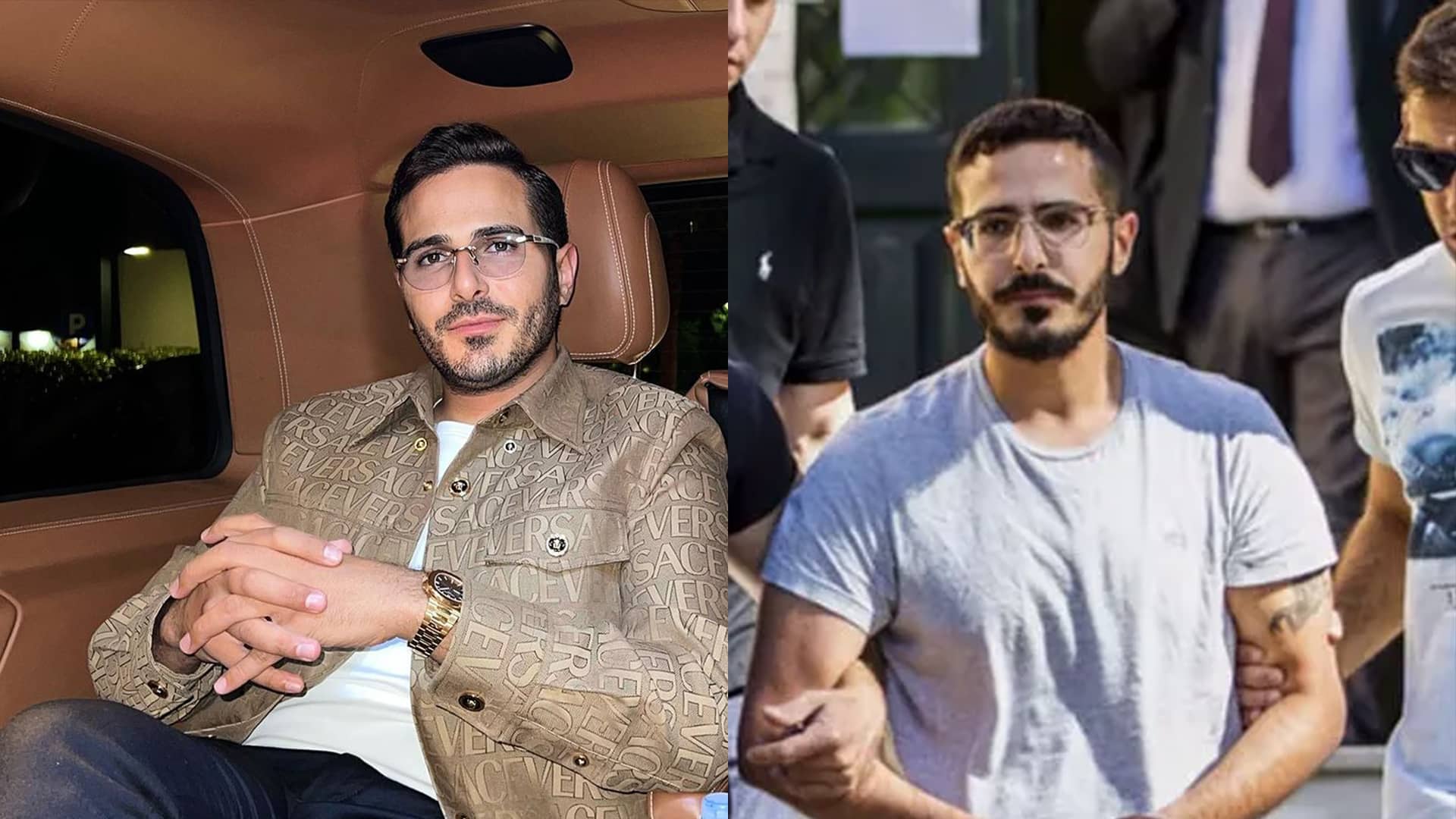 Side-by-side comparison of Tinder Swindler Simon Leviev in a luxury car and Simon Leviev in handcuffs